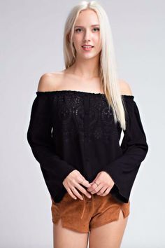 Black Off-Shoulder Bell Sleeve Top Black Long Sleeve Off-shoulder Top For Summer, Trendy Off-shoulder Beach Blouse, Bohemian Long Sleeve Off-shoulder Top For Vacation, Black Cold Shoulder Off-shoulder Top For Summer, Cold Shoulder Tops For Day Out, Casual Off-shoulder Top For Beach, Spring Black Off-shoulder Cold Shoulder Top, Spring Black Cold Shoulder Off-shoulder Top, Black Off-shoulder Cold Shoulder Top For Spring