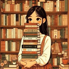 a girl holding a stack of books in front of a book shelf filled with books