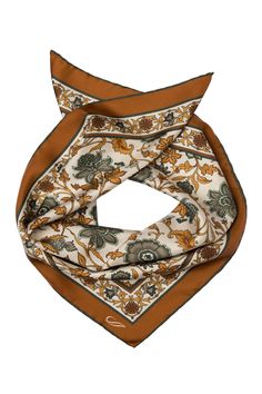 This floral pattern with hand-rolled hems will give your look an elegant twist. This scarf is a testament to timeless craftsmanship, a blend of care, and passion. The classic neckerchief size: Approx. 27" x 27". A comfortably large size that fits most men, unlike smaller bandanas. 100% silk twill: A soft, silky fabric traditionally used in men's tailoring for its look and its drape. Characterized by a diagonal weave which makes it very durable. Hand rolled hems: For the ultimate in luxury and so Classic Silk Scarves As A Gift, Classic Silk Scarves For Gift, Elegant Formal Scarves With Floral Print, Elegant Floral Print Scarves For Formal Occasions, Elegant Silk Scarf With Pocket Square Detail, Elegant Patterned Silk Scarves, Elegant Beige Silk Scarf With Floral Print, Elegant Patterned Silk Scarf As A Gift, Elegant Patterned Silk Scarf As Gift