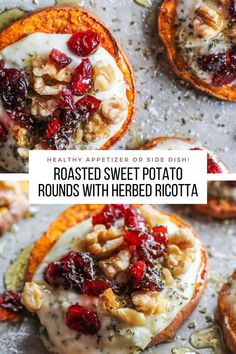 roasted sweet potato rounds with herbed ricotta and cranberry sauce on top