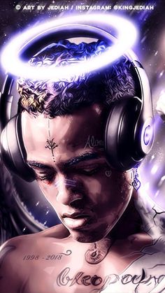 a man wearing headphones with an angel above his head