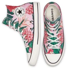 **Brand New - Never Been Worn** Converse Chuck Taylor All Star High 'Jungle Scene - Pink Floral Print' Women's Size 5.5 Men's Size 3.5 Pink Floral Print Sneakers For Summer, Pink Lace-up Sneakers With Floral Print, Pink Floral Print Lace-up Sneakers, Pink Floral Print Sneakers With Round Toe, Summer High-top Pink Sneakers, Pink High-top Sneakers For Summer, Worn Converse, Cute Converse, Jungle Scene