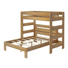 a wooden bunk bed with two sets of stairs on the bottom and one set above it