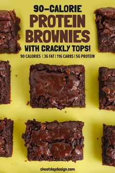 chocolate brownies with crockly toppings are on a yellow background and the title reads, 90 - calorie protein brownies with cracky tops