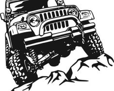 a black and white drawing of a jeep driving through the desert with mountains in the background