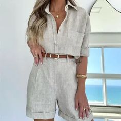 Women's Summer Outfits Casual Street Wear 2-Piece Set 2018 Style, Business Professional Outfits, Fest Outfits, Beige Outfit, Italy Outfits, Future Style, 2024 Style, Corporate Outfits, Shirt And Shorts