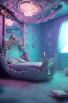 a mermaidcore aesthetic bedroom. a fantasy themed room with a shell inspired bed and silk iridescent bedding and pillows. cloud ceiling. a big mirror behind the bed. a window shining a little light into the room, sheer curtains that are open. walls have shell decor and other ocean oddities. Mermaid Core Aesthetic, Mermaid Themed Bedroom, Colored Bedding, Underwater Bedroom, Mermaid Room Decor, Ocean Bedroom, Ocean Themed Bedroom, Mermaid Bedding, Dreamy Space