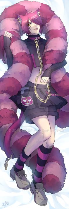 an anime character in purple and black clothes with chains around her neck, holding onto a large stuffed animal