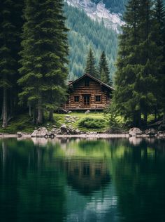 a log cabin sits on the shore of a lake surrounded by pine trees and mountains