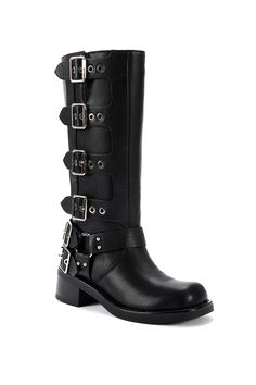 Mid calf length black faux leather boots with a small block heel and silver hardware buckles. A must have for every it girl this season. Edgy Knee-high Boots With Buckle Closure, Edgy Knee-high Moto Boots With Buckle, Edgy Knee-high Moto Boots With Buckle Closure, Punk Style Leather Knee-high Boots With Buckle, Edgy Leather Knee-high Boots With Buckle Closure, Edgy Knee-high Heeled Boots With Buckle Closure, Edgy Knee-high Boots With Buckle For Fall, Gothic Moto Boots With Buckle For Fall, Gothic Moto Boots With Buckle Closure For Fall