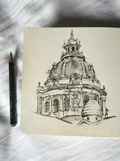 a pencil drawing of a building with a dome