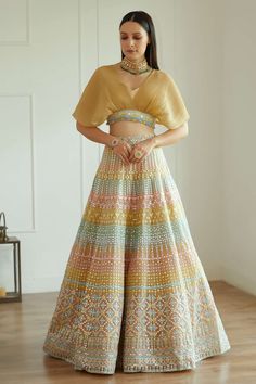 Shop for Studio Iris India Multi Color Organza Meher Embroidered Choli And Lehenga Set for Women Online at Aza Fashions Traditional Dresses New Patterns, Haldi Dress For Guest, Wedding Outfit For Women Indian, Fashionable Traditional Outfits, Lehenga Designs For Wedding Guest, India Lehenga Design, Traditional Outfit For Wedding, Lehenga Design For Women, Outfit Ideas For Engagement Party Guest