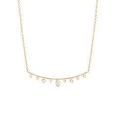 14k gold round curved bar necklace with bezel set white pear and princess diamonds and round prong set diamonds in between SPECIFICS• 14k thick cable chain adjustable at 16-17-18", chain is approx. 1.5mm wide• pear diamond is 5x3mm, princess diamonds range from 2mm to 1.5mm, round diamonds range from 2.4mm to 2mm, white diamonds .50 ctw• bar is approx. 50mm wide Anniversary Necklace, Curved Bar, Fancy Diamonds, Geometric Diamond, Princess Diamond, Pear Diamond, Gorgeous Jewelry, White Diamonds, Bar Necklace