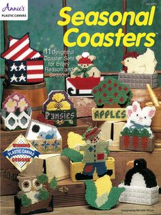 an advertisement for knitted seasonal coasters on the cover of a knitting pattern book