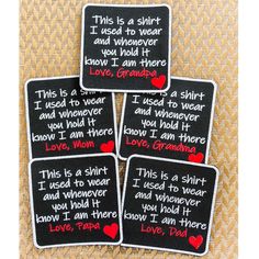 four black and red coasters with words written on them, one saying i love grandma