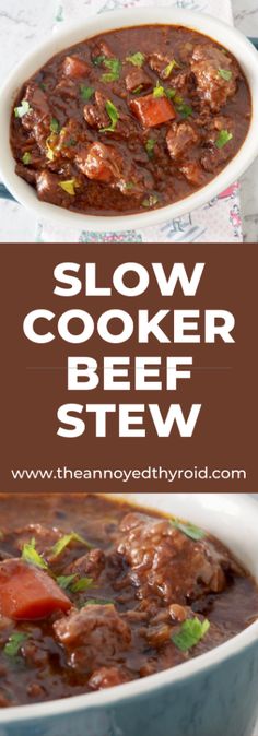 slow cooker beef stew in a blue bowl with text overlay that reads, slow cooker beef stew