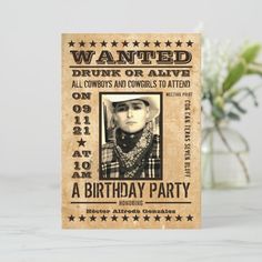 a wanted birthday party card with an image of a cowboy on the front and back