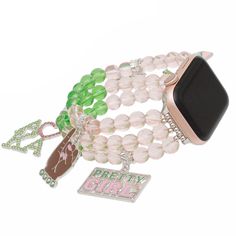 AKA Sorority Pink Green Glass Watch Band for Women Alpha Kappa Alpha Sorority, Go Pink, Head Chain, Alpha Kappa Alpha, Sorority Gifts, Sorority Outfits