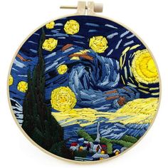 the starry night is depicted in this embroidery kit