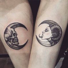 two tattoos on the legs of women with skulls and crescent moon faces in black ink