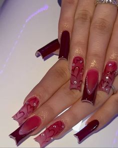 Red French Tip Nails Ideas, Dark Magenta Nails Design, Red Gel Nails Square, Nails For Red Hoco Dress, Red Designs Nails, Long Nail Inspo Baddie Design, Cute Dark Red Nails, Red Nails Ideas 2024, Long Square Nails Designs Ideas