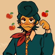 an image of a cartoon character with apples in the air behind him and his hat on