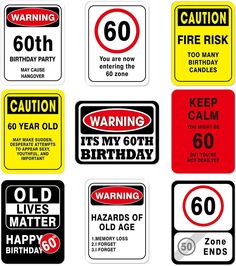 various warning signs are shown in different colors and sizes, including red, yellow, black, and white