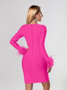 Vibrant and luxurious, the Candace Bandage Long Sleeve Feather Dress will turn heads. Crafted from a high-quality pink bandage fabric and featuring a sweetheart neckline, this mini dress will add a touch of class and glamour to any event. The added feather detailing on the sleeves adds a subtle, sophisticated flair making it perfect for evenings out or special occasions. Material: Nylon, Spandex Elasticity: High Stretch Closure Type: zipper Pink Knee-length Club Mini Dress, Elegant Pink Bandage Dress For Party, Pink Fitted Bodycon Dress With Sweetheart Neckline, Pink Knee-length Bodycon Cocktail Dress, Pink Bodycon Mini Dress For Formal Occasions, Pink Long Sleeve Dress With Feather Trim, Pink Bodycon Dress With Sweetheart Neckline For Cocktail, Pink Mini Length Bandage Dress For Evening, Pink Mini Dress For Formal Occasions