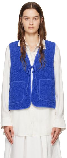 Cotton-blend macramé vest. · V-neck · Self-tie fastening at open front · Patch pockets · Full quilted plain-woven cotton lining Supplier color: Cornflower blue Blue Vest Outfit, Corn Flower Blue, House Coat, Winter Fit, Grey Vest, Blue Vests, Weekend Max Mara, Fall Fits, Outerwear Vest