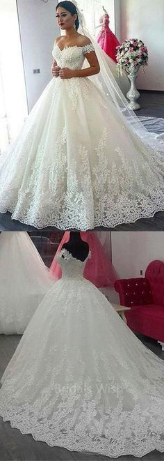 the wedding dress is being displayed in three different pictures, including one with an off shoulder and