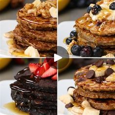 four pictures of pancakes with fruit and chocolate toppings