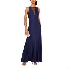 78% Polyester/18% Nylon/4% Spandex Navy Blue Elegant Stretch Dresses For Night, Fitted Floor-length Dress For Night, Sequin Long Dress, Lace Poncho, Blue Knit Dress, Knit Gown, Chiffon Jacket, Dress And Jacket Set, Black Short Sleeve Dress