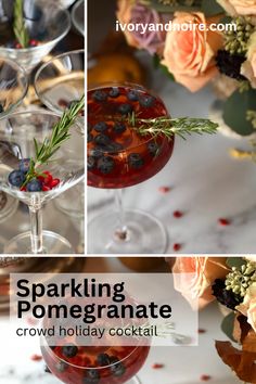 sparkling pomegranate cocktail in glasses with flowers and greenery