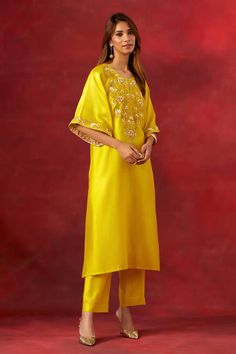 Yellow silk chanderi kaftan with floral pattern, multi color resham, beads, cut dana, sequin embroidered yoke and sleeve borders. Paired with straight pant and slip. - Aza Fashions Yellow Silk, Pant Set, Straight Pants, Set For Women, Aza Fashion, Borders, Pants Set, Floral Pattern, Sequin