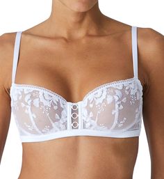 Stunning, romantic, and oh-so-versatile, this embroidered bra has sheer cups and convertible straps. Made from polyester, polyamide, and elastane. Underwire balcony cups are unlined (unpadded) and have vertical and inner front darts for shape. See-through mesh cup is embroidered with a floral pattern. Beautiful, non-stretch lace at neckline edge for containment. Covered satin elastic underband for stabilizing breasts. Wide center front has 3 pink coated metal rings. Wide-set straps are satin-cov White Wedding Bra With Adjustable Straps, Evening Lace Bra With Removable Cups, Lace Bra With Adjustable Straps For Wedding, Lace Wedding Bra With Adjustable Straps, Wedding Lace Bra With Adjustable Straps, Elegant Full Cup Bra With Delicate Straps, Wedding Bra With Adjustable Underwire, Elegant Bra With Removable Straps, Elegant Evening Bra With Delicate Straps