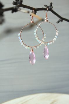 Pink Sterling Silver Small Hoop Earrings, Fine Jewelry Round Chandelier Earrings, Fine Jewelry Round Chandelier Earrings For Pierced Ears, Handmade Elegant Hoop Chandelier Earrings, Fine Jewelry Dangle Earrings With Ear Wire, Pink Gemstone Hoop Jewelry, Elegant Wire Wrapped Round Hoop Earrings, Elegant Wire Wrapped Hoop Earrings, Pink Hoop Earrings In Fine Jewelry Style