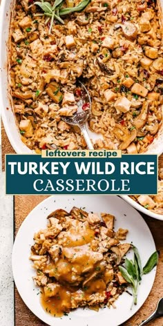 turkey wild rice casserole is served in a white dish with a serving spoon