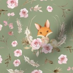 an image of a fox and flowers on a brown background