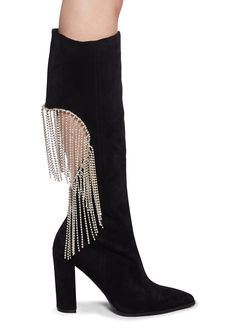 Lemon Drop By Privileged Faux Suede Rhinestone Heart Fringe Heeled Boots - Black Chic Embellished Heeled Boots For Evening, Chic Embellished Heeled Boots For Night Out, Elegant High Heel Boots With Rhinestone Fringe, Chic Embellished Boots For Party Season, Chic Rhinestone Heeled Boots For Party, Chic Rhinestone Boots For Party Season, Chic Party Heeled Boots With Rhinestones, Chic Rhinestone Boots For Fall, Edgy Party Boots With Block Heel