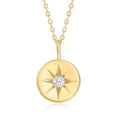 Ross-Simons - August/Peridot - Birthstone Star Disc Pendant Necklace. 18". RS Pure. Modern designs that complete your outfit and complement your personality. Celebrate August with this delicate 14kt yellow gold pendant necklace. The disc features a .10 carat peridot inside a star motif. It's the perfect way to add personality to your favorite layers! Suspends from a cable chain with a 2" extender. Springring clasp, birthstone star disc pendant necklace. Garnet birthstones are the perfect gift fo Formal Yellow Gold Starburst Jewelry, Fine Jewelry Yellow Gold Diamond Necklace With Star Charm, Yellow Gold Diamond Necklace With Star Charm, Elegant Starburst 14k Gold Jewelry, Elegant 14k Gold Starburst Jewelry, 14k Gold Star Necklace With Single Cut Diamonds, 14k Gold Star-shaped Necklace With Diamond Accents, Diamond Necklace With Star Charm, Elegant Star-shaped Necklace With Polished Finish