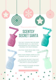 a poster with christmas ornaments hanging from it's sides and the words scenty secret santa