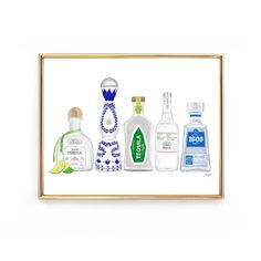 a painting of different types of bottles in a gold frame