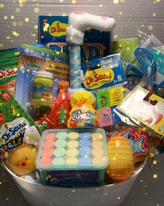 a basket filled with lots of toys and other items