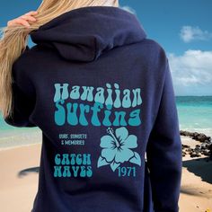 "Hawaiian Surf Sweatshirt. Lightweight, fine gauge crewneck sweatshirts for women are perfect for layering. This is a must-have for any season. Trending sweatshirt: https://etsy.me/3iSkkmg Trendy shirts: https://etsy.me/3MywvSr Vacation shirts: https://etsy.me/3BcsHPQ ⚡️ Thank you for stopping by The Standifer Exchange! 😉 Please click the 'heart' icon ❤️ to save my store to keep updated on new items: https://www.etsy.com/shop/TheStandiferExchange 🌻 Please read the full description: This hoodie Casual Surfing Hoodie With Graphic Print, Long Sleeve Hoodie With Letter Print For Surfing, Hooded Letter Print Sweatshirt For Surfing, Casual Letter Print Hoodie For Beachwear, Hooded Sweatshirt With Letter Print For Surfing, Casual Crew Hoodie With Screen Print, Casual Crew Neck Hoodie With Screen Print, Surfing Graphic Print Long Sleeve Hoodie, Casual Surfing Hoodie Sweatshirt