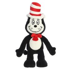 A playful Cat in the Hat armature that is the iconic black and white character with a red and white top hat and red bow tie. The Cat In The Hat, The Originals Characters, Cat In The Hat, Make Believe, Cuddly Toy, Small Cat, Red And White Stripes, Dr Seuss, Doll Accessories