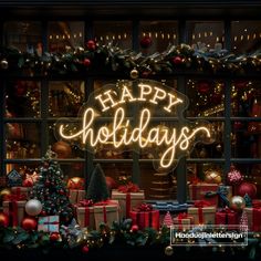 a lighted sign that says happy holidays in front of a store window with christmas decorations and presents