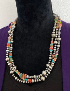 Sterling Silver Multi Strand Multi Stone Bead Necklace. 22 inch Silver Double Strand Jewelry With Colorful Beads, Southwestern Style Multicolor Single Strand Jewelry, Southwestern Style Necklaces With Large Beads, Southwestern Style Multicolor Single Strand Necklace, Southwestern Silver Beaded Necklaces With Colorful Beads, Southwestern Silver Beaded Necklace With Colorful Beads, Artisan Silver Necklace With Colorful Beads, Southwestern Double Strand Beaded Jewelry, Southwestern Style Necklaces With Polished Round Beads