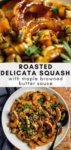 roasted delicata squash with maple browned butter sauce in a white bowl on a wooden table