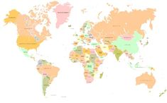 a map of the world with all countries and their major cities on it's borders