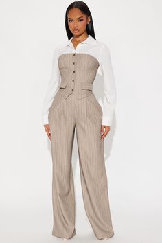 In Attendance Pinstripe Wide Leg Pant Set - Taupe | Fashion Nova, Matching Sets | Fashion Nova Cute Church Outfits Black Women, Church Outfits Black Women, Cute Church Outfits, Taupe Fashion, Office Clothes, Spandex Pants, Free Jeans, Pinstripe Pants, Wide Leg Pant